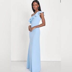 Lulu's Sky Blue Ruffled One-Shoulder Maxi Dress